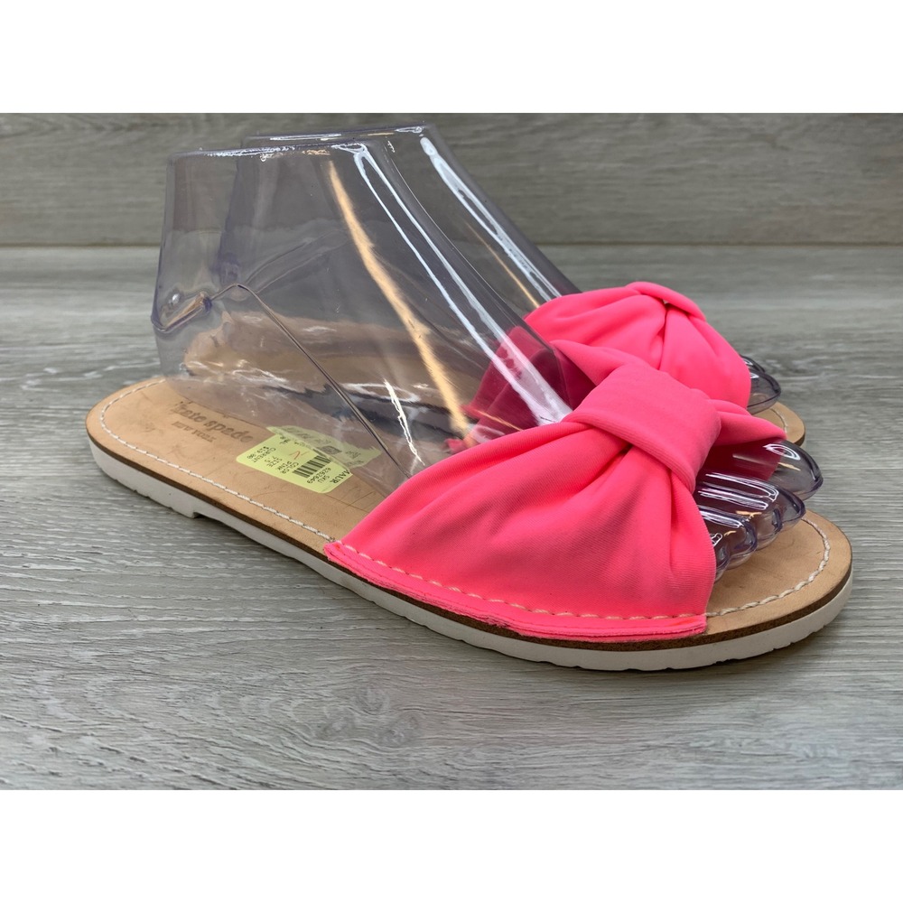 Kate Spade New York Neon Pink Bow Slide Sandals Women's 7.5 M Flat Summer Shoes